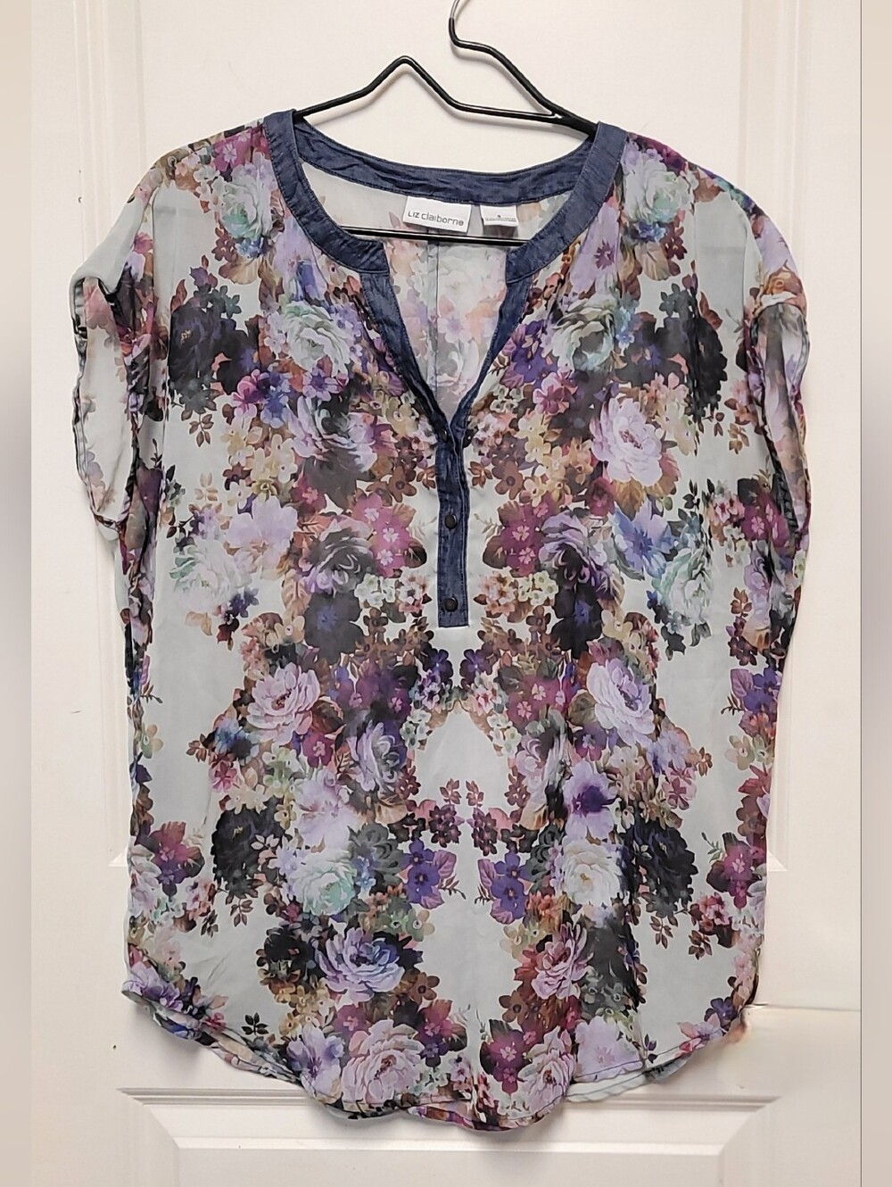 Liz Claiborne Floral Sheer Blouse in Navy, Purple, Pink